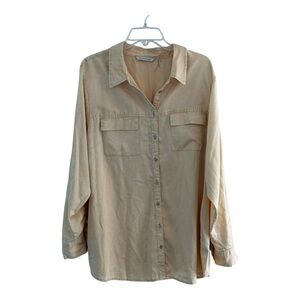 Soft Surroundings Shirt Womens 1X Light Yellow Tunic Button Roll Tab